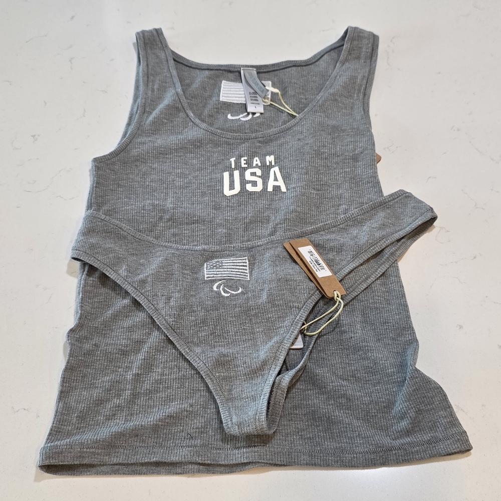2pcs SKIMS Soft Lounge Rib Tank + Thong Team USA PARALYMPIC HEATHER GRAY - Picture 8 of 14
